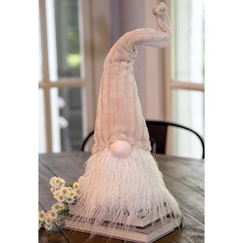 Lg Sitting Plush Beige Gnome w Ribbed Hat - The Fox Decor