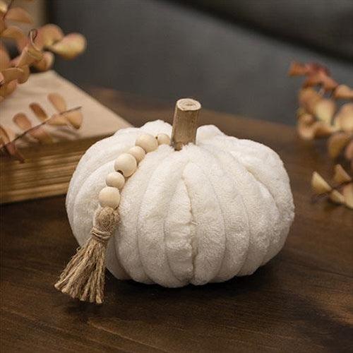Cream Ribbed Pumpkin w Beaded Tassel Medium - The Fox Decor
