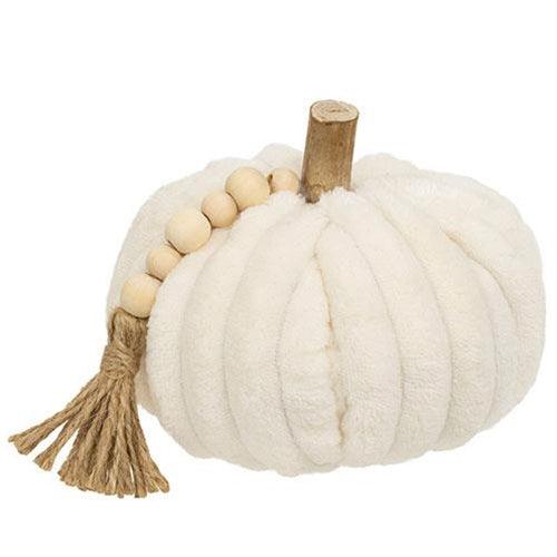 Cream Ribbed Pumpkin w Beaded Tassel Medium - The Fox Decor