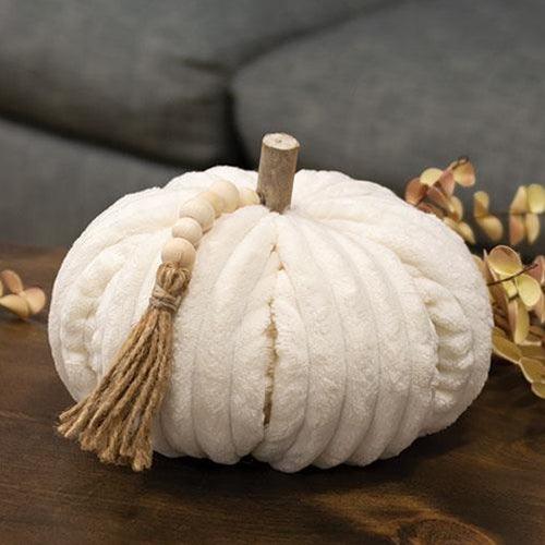 Cream Ribbed Pumpkin w Beaded Tassel Large - The Fox Decor