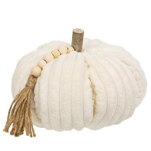 Cream Ribbed Pumpkin w Beaded Tassel Large - The Fox Decor