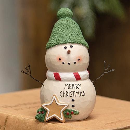 Merry Christmas Resin Snowman w Green Hat - The Fox Decor