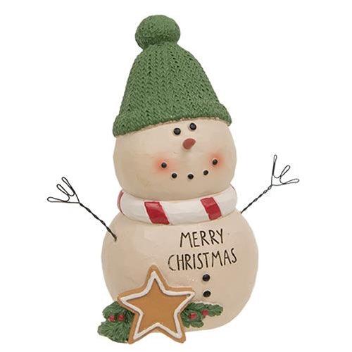 Merry Christmas Resin Snowman w Green Hat - The Fox Decor