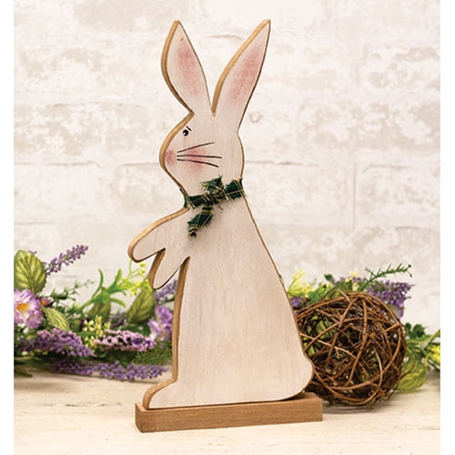 Distressed Standing Wooden Bunny w  Green & White Scarf on Base