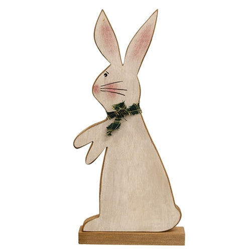 Distressed Standing Wooden Bunny w  Green & White Scarf on Base