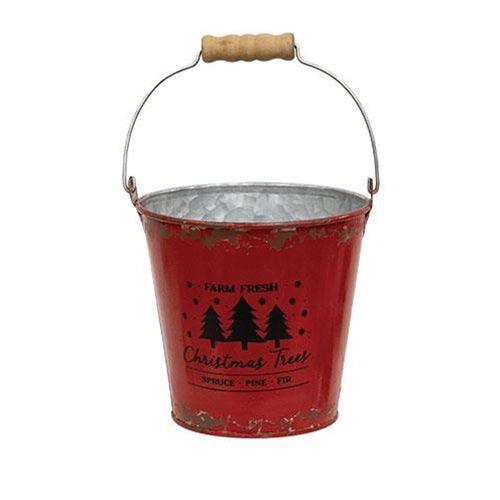 2 Set Farm Fresh Christmas Trees Distressed Red Metal Buckets