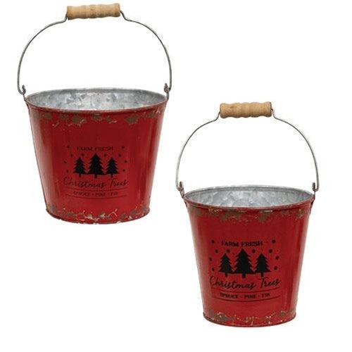 2 Set Farm Fresh Christmas Trees Distressed Red Metal Buckets