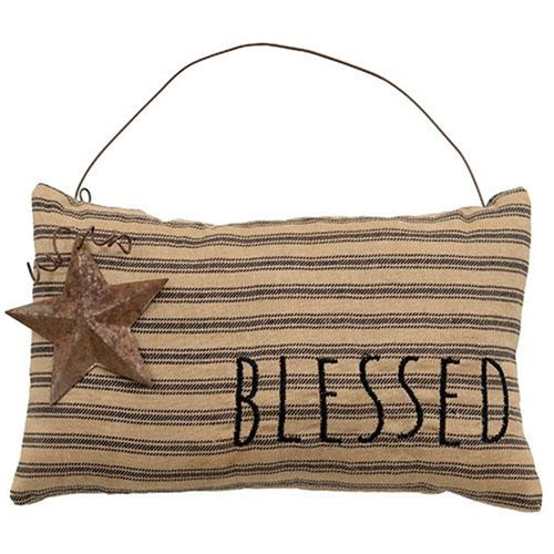 Blessed Ticking Stripe Pillow Ornament w Rusty Star