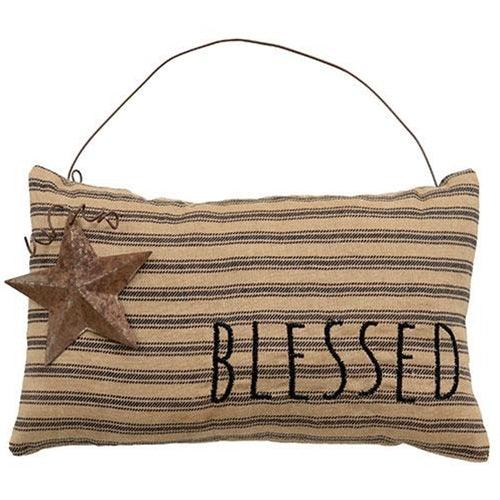 Blessed Ticking Stripe Pillow Ornament w Rusty Star - The Fox Decor