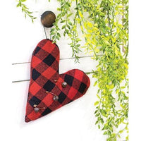 Felt Red & Black Buffalo Check Heart Pillow Ornament w Rusty Jingle Bells - The Fox Decor