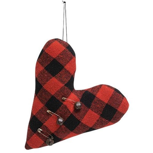 Felt Red & Black Buffalo Check Heart Pillow Ornament w Rusty Jingle Bells
