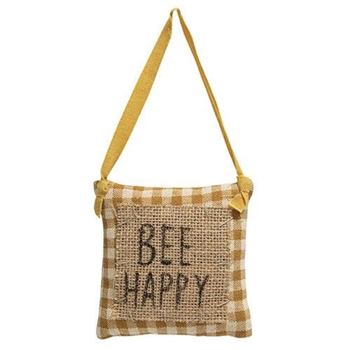 Bee Happy Mustard Check and Burlap Pillow Hanger