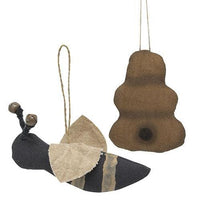 2 Set Primitive Bumble Bee and Hive Ornaments - The Fox Decor
