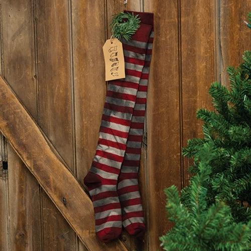 Primitive Red Striped Stocking Pair Ornament