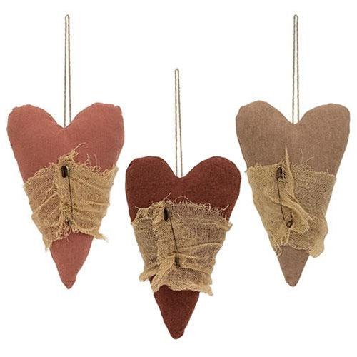 Stuffed Primitive Heart Ornament w Cheesecloth 3 Asstd - The Fox Decor