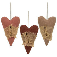 Thumbnail for Stuffed Primitive Heart Ornament w Cheesecloth 3 Asstd - The Fox Decor