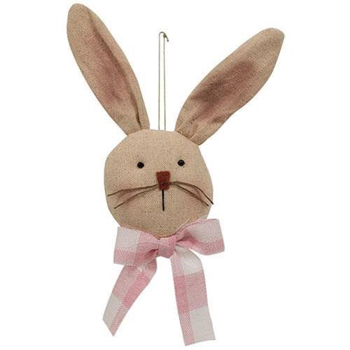 Primitive Stuffed Bunny Head Ornament w Pink & White Buffalo Check Bow - The Fox Decor