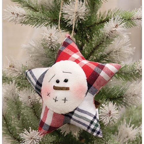 Crimson Plaid Snowman Star Ornament