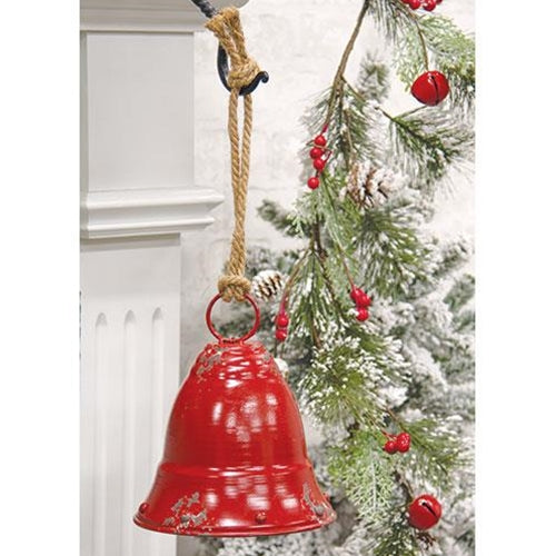 Distressed Red Metal Bell w Jute Hanger Small