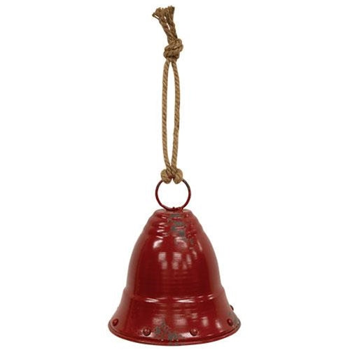 Distressed Red Metal Bell w Jute Hanger Small