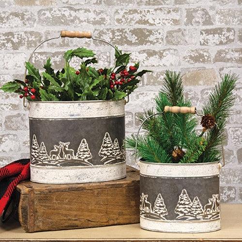 2 Set Embossed Winter Forest Oval Buckets - The Fox Decor