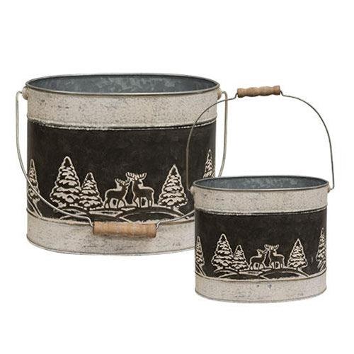 2 Set Embossed Winter Forest Oval Buckets - The Fox Decor