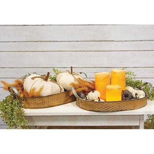 2 Set Basket Weave Embossed Metal Oval Trays - The Fox Decor