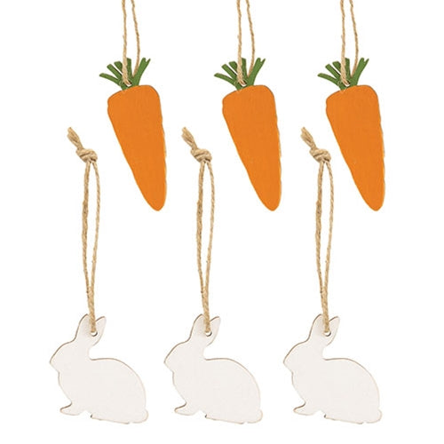 6 Set Wooden Bunny & Carrot Ornaments