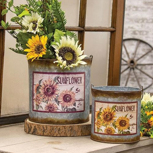 2 Set Distressed Galvanized Sunflower Buckets