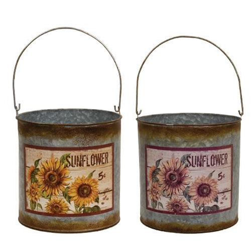 2 Set Distressed Galvanized Sunflower Buckets