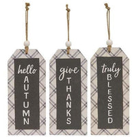 Fall Plaid Beaded Wood Tag 3 Asstd - The Fox Decor