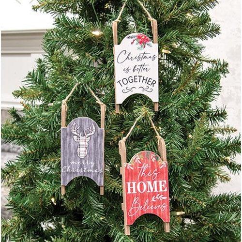 Christmas Wooden Sleigh Hanger 3 Asstd - The Fox Decor