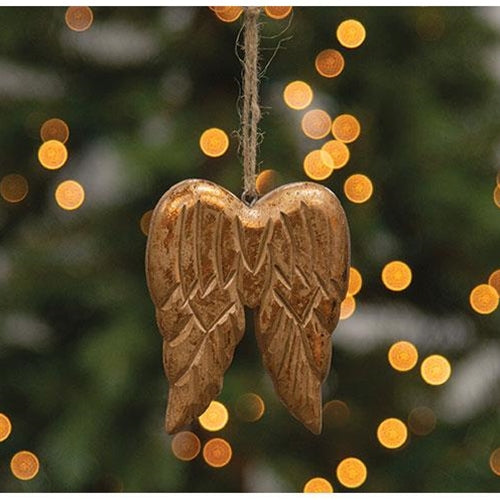 Carved Distressed Gold Wood Angel Wings Ornament