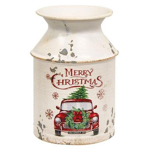 Distressed Metal Merry Christmas Truck Milk Can - The Fox Decor