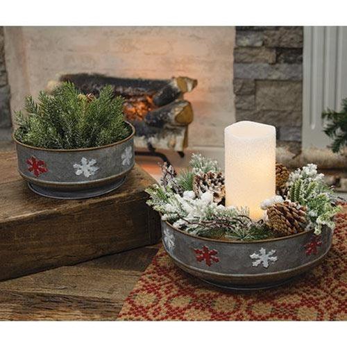 2 Set Galvanized Round Red & White Snowflake Trays