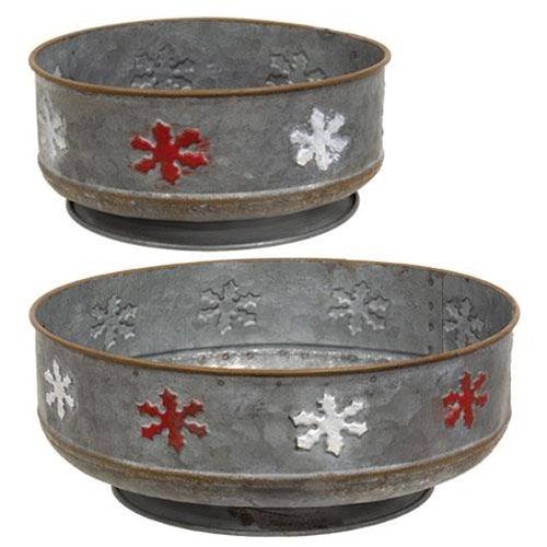 2 Set Galvanized Round Red & White Snowflake Trays