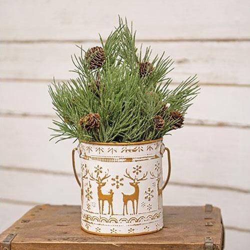 Distressed White Metal Bucket w Gold Embossed Reindeer & Snowflakes - The Fox Decor