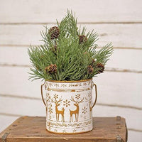 Distressed White Metal Bucket w Gold Embossed Reindeer & Snowflakes - The Fox Decor