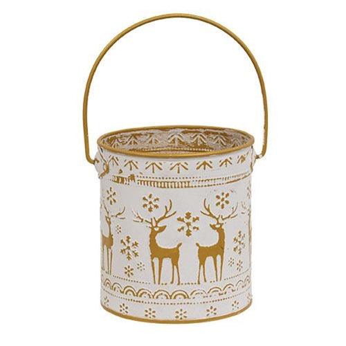Distressed White Metal Bucket w Gold Embossed Reindeer & Snowflakes - The Fox Decor
