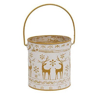 Distressed White Metal Bucket w Gold Embossed Reindeer & Snowflakes - The Fox Decor