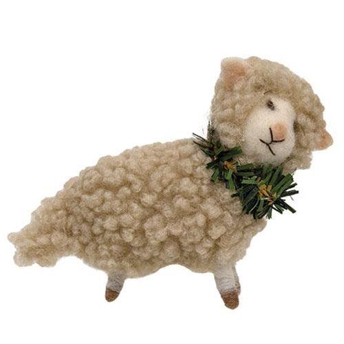 Small Felted Lamb w Green Collar Ornament - The Fox Decor