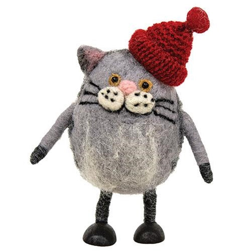 Felted Cat w Red Hat Ornament