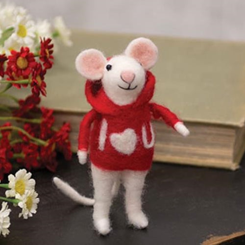 I Heart You Valentine Felted Mouse Ornament