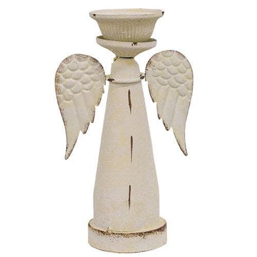 Distressed White Metal Snowy Angel Pillar Holder - The Fox Decor