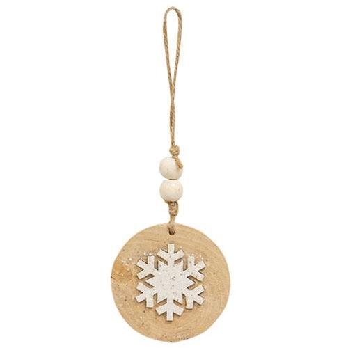 Glittered White Snowflake Wood Round Ornament 2 Asstd