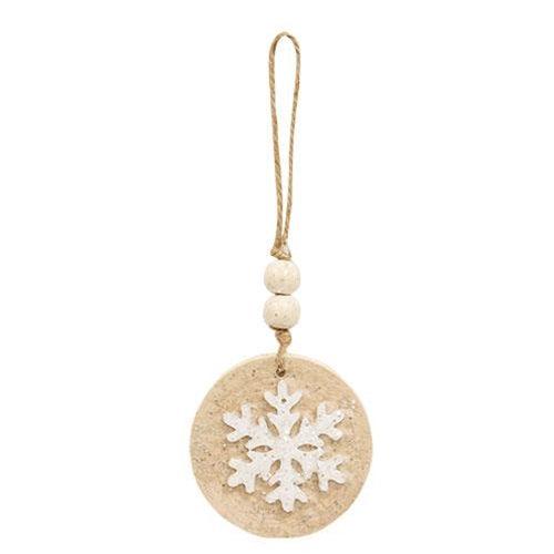 Glittered White Snowflake Wood Round Ornament 2 Asstd