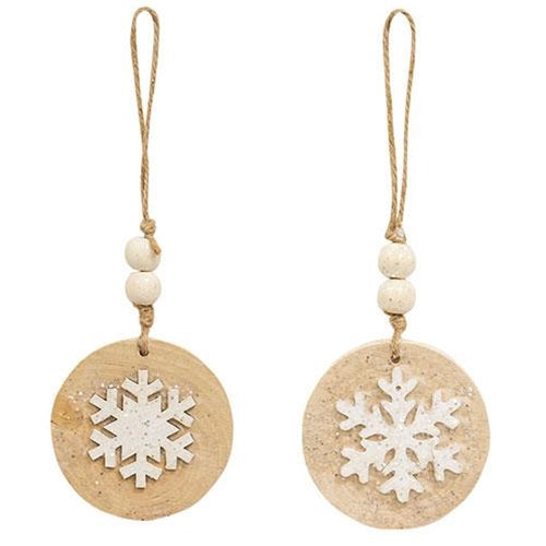 Glittered White Snowflake Wood Round Ornament 2 Asstd