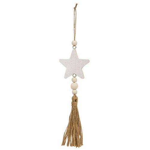Glittered White Star Beaded Wood Ornament with Tassel - The Fox Decor