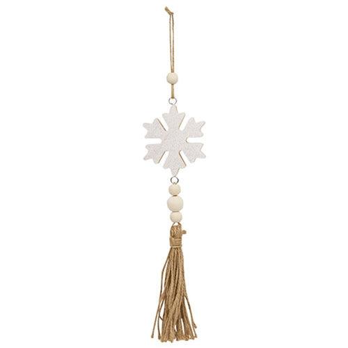 Glittered White Snowflake Beaded Wood Ornament with Tassel - The Fox Decor