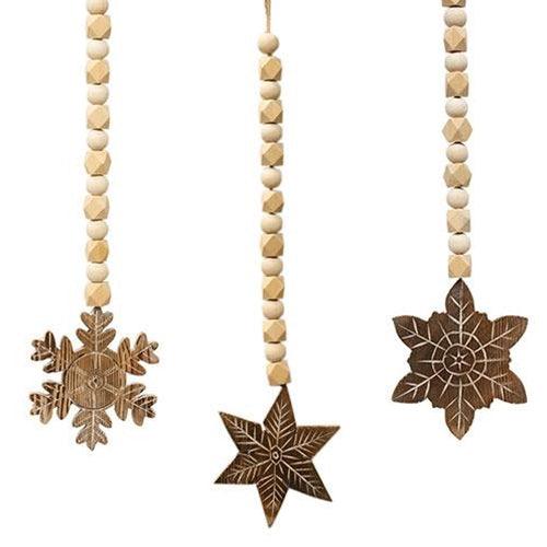 Natural Wood Beaded Snowflake Tassel Ornament 3 Asstd - The Fox Decor